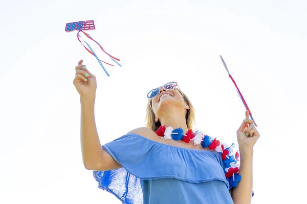 Una Modella Bionda Patriottica Che Diverte Durante Vacanze Del Luglio — Foto Stock