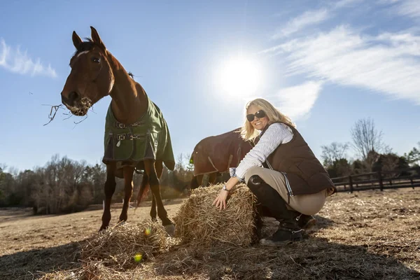 Een Mooie Blonde Paard Trainer Heeft Neiging Haar Paarden Een — Stockfoto