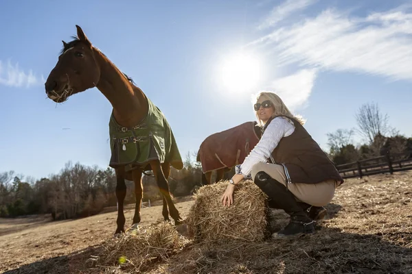 一个漂亮的金发驯马师倾向于她的马在农场 — 图库照片