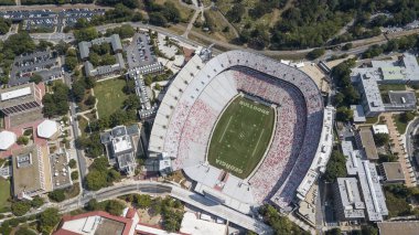October 03, 2018 - Athens, Georgia, USA: Aerial views of Sanford Stadium, which is the on-campus playing venue for football at the University of Georgia in Athens, Georgia, United States.  clipart