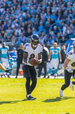 28 Ekim 2018 - oyun kurucu, Lamar Jackson (8), Bank of America Stadyumu Charlotte, North Carolina Carolina Panthers karşı oynamaktadır. Panthers ziyaret Ravens, 36-21 tutulan.
