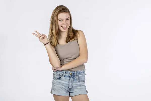 Beautiful Blonde Teenage Model Having Fun Front Camera Studio Environment — Stock Photo, Image