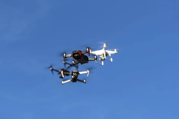 Group Drones Fly Air Blue Sky — Stock Photo, Image