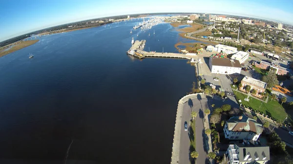 Drone Personale Che Vola Nell Aria Sopra Porto Charleston — Foto Stock