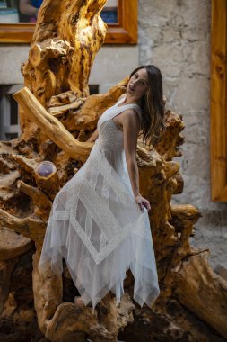 Muhteşem bir İspanyol esmer model ev ortamında poz veriyor.