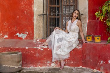 Muhteşem bir İspanyol esmer model ev ortamında poz veriyor.