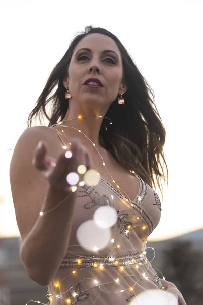 Gorgeous Hispanic Brunette Model Poses Outdoors Sunset Small Lights — Stock Photo, Image