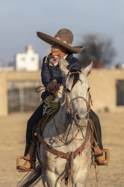 Genç bir Meksikalı Charro kaçarken bir alanda Meksikalı bir çiftlikte güneş doğarken at sürüsü kadar yuvarlar