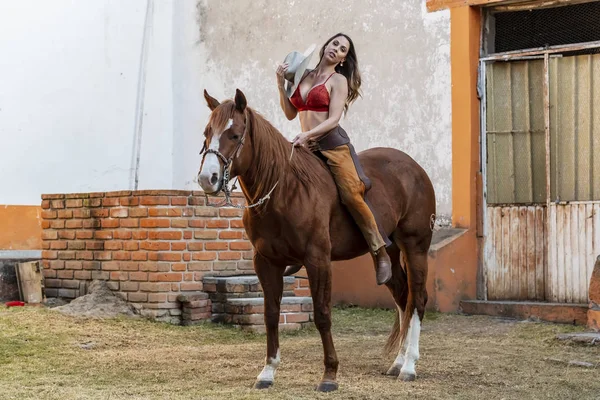 Una hermosa modelo morena hispana monta un caballo en una F mexicana —  Fotos de Stock