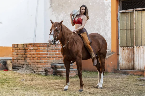 美しいヒスパニック系ブルネットのモデルはメキシコの F で馬に乗る — ストック写真