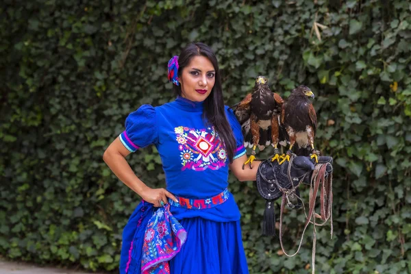 Un bel modello di bruna ispanica si posa all'aperto con un falco a — Foto Stock