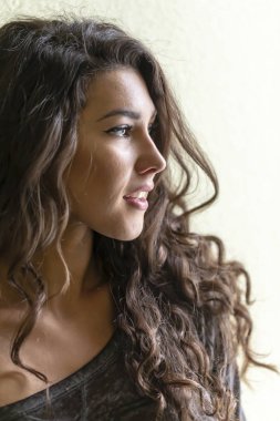 Güzel bir esmer iç çamaşırı modeli bir ev ortamında iç çamaşırı pozlar