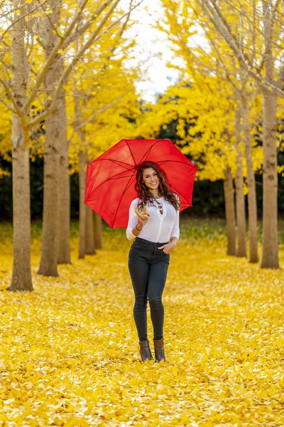 秋の紅葉でブルネットのモデル — ストック写真