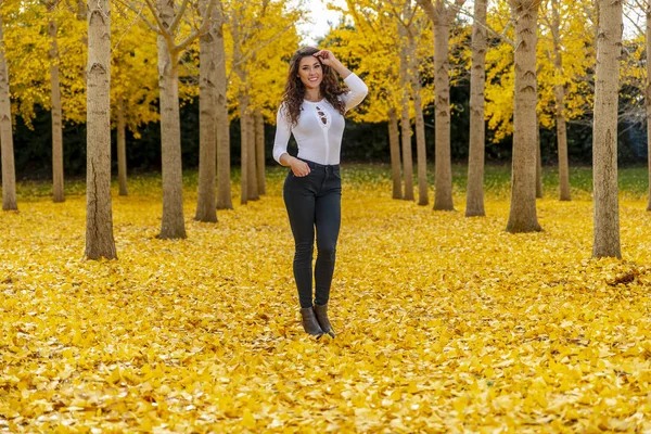 Morena modelo en otoño follaje — Foto de Stock