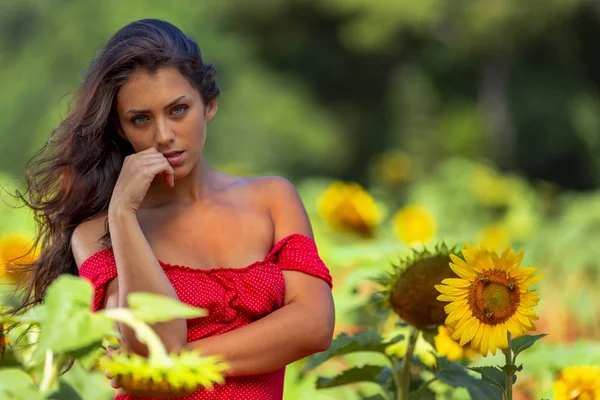 Lovely Green Eyed Brunette Model Posing In A Field Of Flowers — Stock Photo, Image
