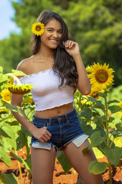Preciosa asiática morena modelo posando en un campo de flores —  Fotos de Stock