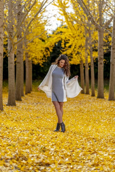 Morena modelo en otoño follaje — Foto de Stock