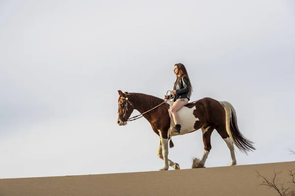 Um modelo morena linda caminha seu cavalo através do deserto em um dia de verão — Fotografia de Stock