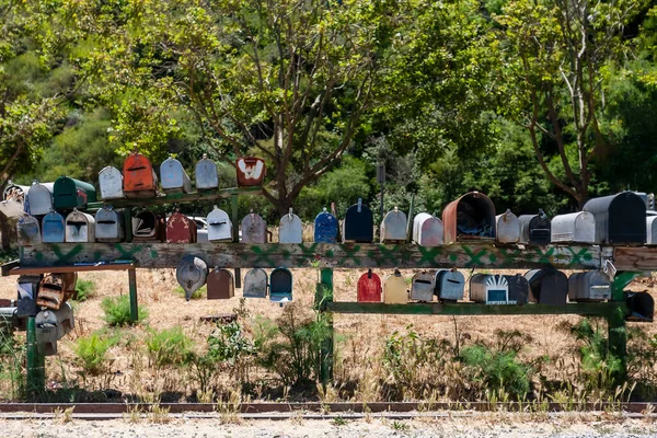 Colorful Antique Mailboxes Sit Roadside Intersection — Stock Photo, Image