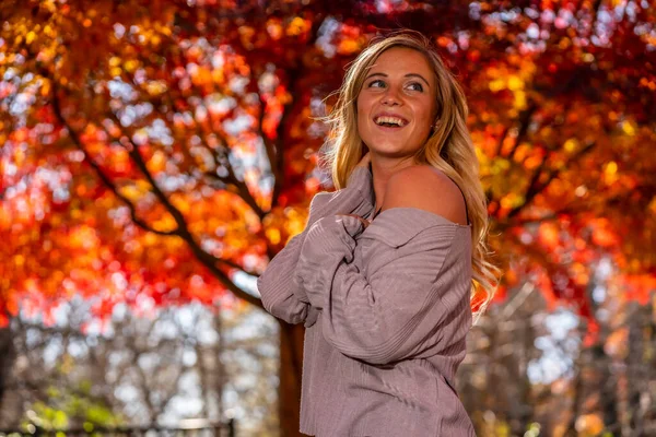 Ein Hinreißendes Blondes Model Genießt Einen Herbsttag Freien Einem Park — Stockfoto