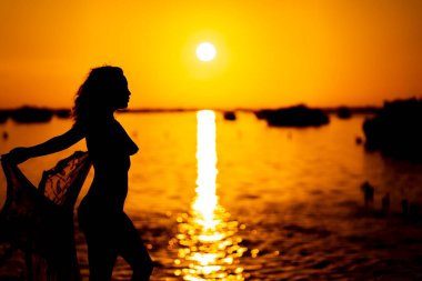 Güzel, çıplak bir Latin model, egzotik bir Karayip plajında güneşin doğuşuyla poz verirken siluete bürünür.