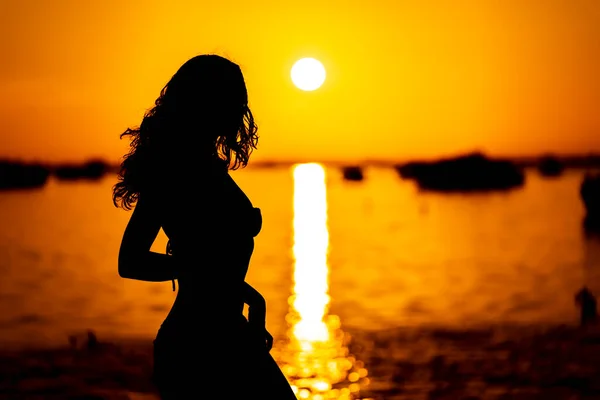 이국적 카리브해 해변에 뒤에서 떠오르는 태양을 배경으로 포즈를 취하는 아름다운 — 스톡 사진