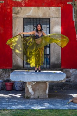 Muhteşem bir İspanyol esmer model ev ortamında poz veriyor.