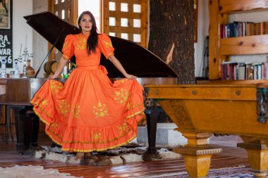 Muhteşem bir İspanyol esmer model ev ortamında poz veriyor.