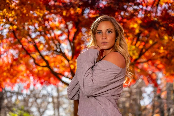 Una Hermosa Modelo Rubia Disfruta Día Otoño Aire Libre Parque —  Fotos de Stock