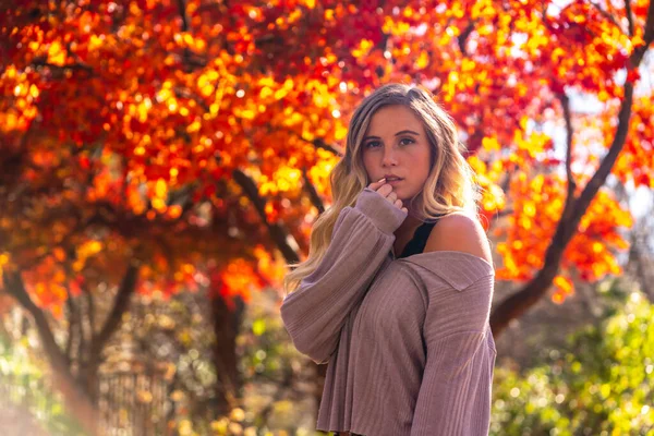 Una Hermosa Modelo Rubia Disfruta Día Otoño Aire Libre Parque — Foto de Stock