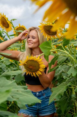 Sarışın bir model, yaz gününün tadını çıkarırken ayçiçeği tarlasında poz veriyor.