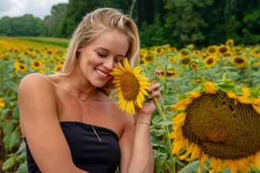 Sarışın bir model, yaz gününün tadını çıkarırken ayçiçeği tarlasında poz veriyor.