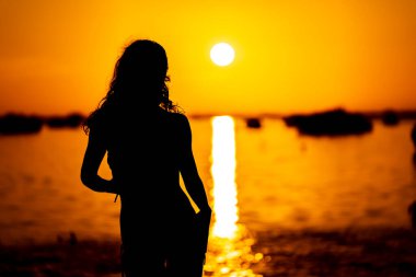 Güzel, çıplak bir Latin model, egzotik bir Karayip plajında güneşin doğuşuyla poz verirken siluete bürünür.