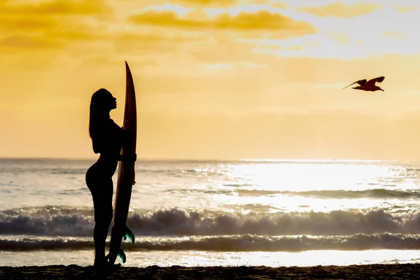 Beautiful Brunette Bikini Model Her Surfboard Beach — Stock Photo, Image