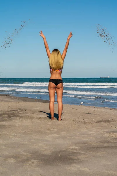 Una Hermosa Modelo Bikini Posando Ambiente Playa — Foto de Stock