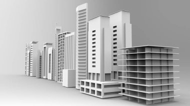 Binalar, gökdelenler, metropolis görüntü. 3D çizim. Hafif bir arka plan üzerinde.