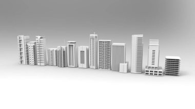 Binalar, gökdelenler, metropolis görüntü. 3D çizim. Hafif bir arka plan üzerinde.