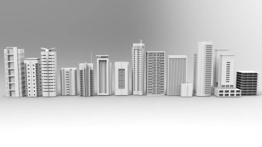 Binalar, gökdelenler, metropolis görüntü. 3D çizim. Hafif bir arka plan üzerinde.