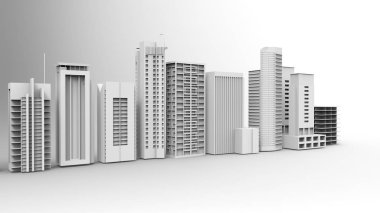 Binalar, gökdelenler, metropolis görüntü. 3D çizim. Hafif bir arka plan üzerinde.