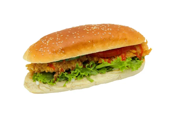 Hamburger a csirke nuggets, a gyógynövények, a paradicsom, egy zsemle. — Stock Fotó