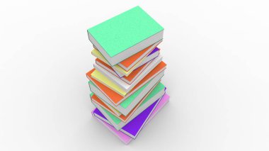 Beyaz bir arka plan üzerinde bir yığın kitap. 3d render, 3d illüstrasyon.