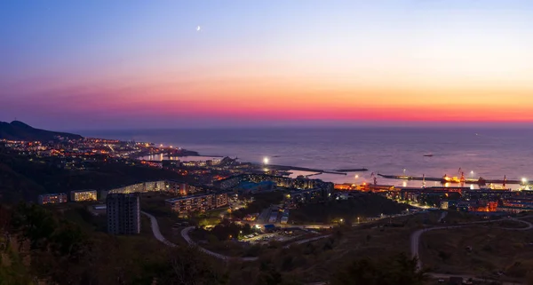 Sakhalin. Top view of the night city of Kholmsk. Stock Picture