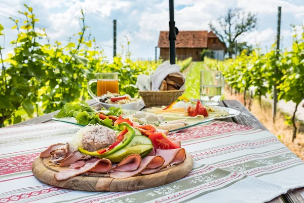 Brettljause Traditionell Kall Tallrik Med Kött Ost Fisk Grönsaker Bröd — Stockfoto