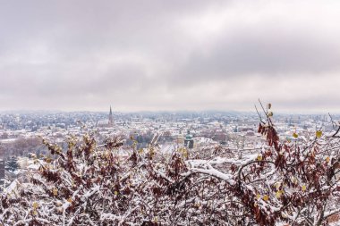 Herz-Jesu-kiliseye gelen Schlossberg Graz kışın biraz kar ile görüntülemek