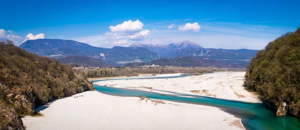 Turquesa Río Trenzado Tagliamente Desde Puente Pinzano Con Las Montañas — Foto de Stock
