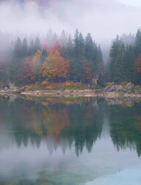 Hermosos Reflejos Colorido Bosque Lago Laghi Fusine Una Mañana Brumosa — Foto de Stock