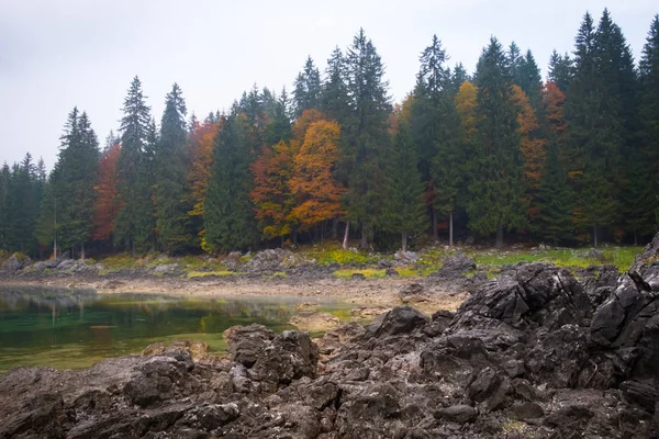 在一个雾蒙蒙的早晨 在意大利 Tarvisio 附近的海滩和山脉 Mangart 可以看到 Laghi Fusine 湖的景色 — 图库照片