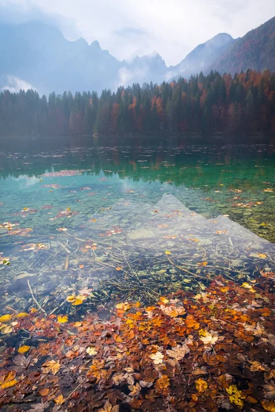 Vista Sobre Lago Laghi Fusine Cordillera Mangart Cerca Tarvisio Italia — Foto de Stock