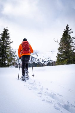 Scheibelalm tatil beldesi Hohentauern bir bulutlu winterday üzerinde adam turuncu ceket karda snowshoeing ile kaplı