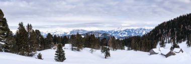 Panoramik Scheibelalm tatil beldesi Hohentauern üzerinden Ennstaler Alps için dağlarda Reichenstein, Hochtor ve Grosser Oedstein kış